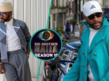 Collage of host Ebuka Obi-Uchendu in fashionable outfits with Big Brother Naija season 10 logo